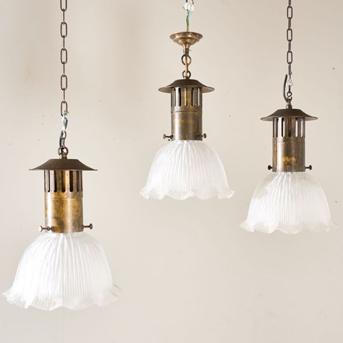 Trio Of 20Th Century Holophane Pendant Lights