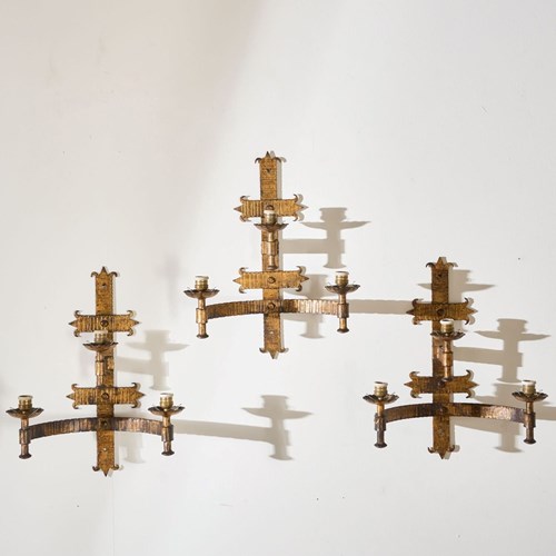 Trio Of Mid Century Spanish Gilt Metal Wall Lights