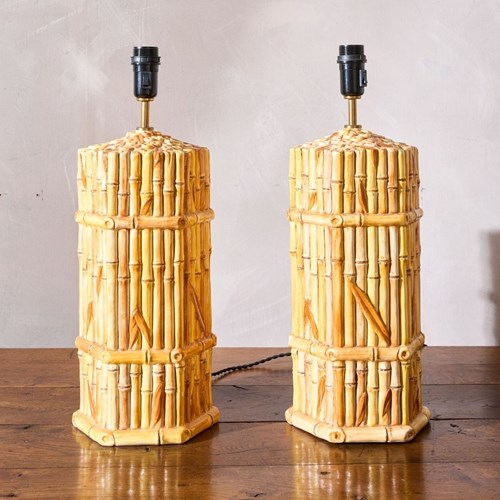 Pair Of Vintage Pottery Bamboo Table Lamps