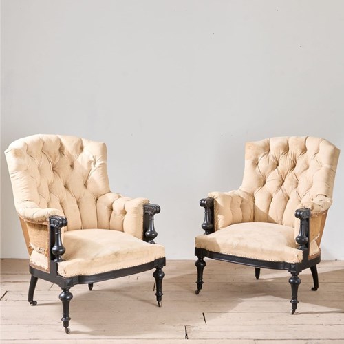Pair Of Napoleon III Large Buttoned Shield Back Armchairs