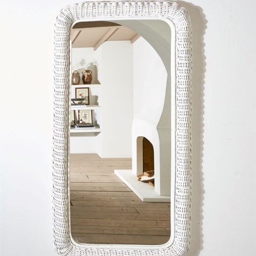 Large Vintage Italian Wicker Wall Mirror - White