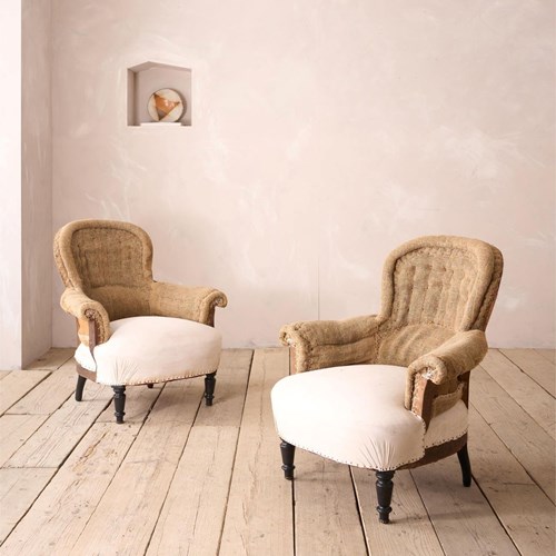 Pair Of Napoleon III Curved Hessian Back Armchairs