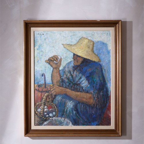 20Th Century Oil On Canvas Of A Lady Selling Eggs- M Sancho