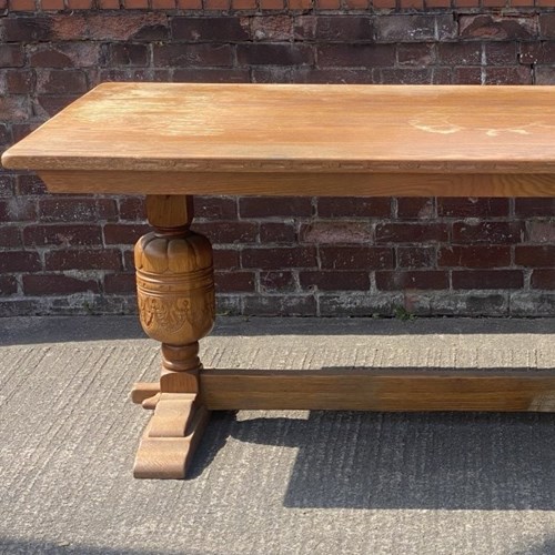 Solid Oak 17Th Century Style Refectory Table With Cup And Cover Pedestal Ends