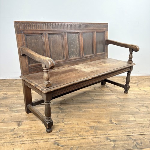 18Th Century Style Panelled Back Settle In Oak
