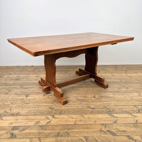 Solid Oak Tavern Table With Shaped Trestle Ends