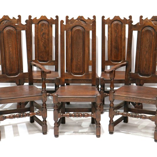 Set Of Eight 18Th Century Style Panel Backed Solid Oak Dining Chairs