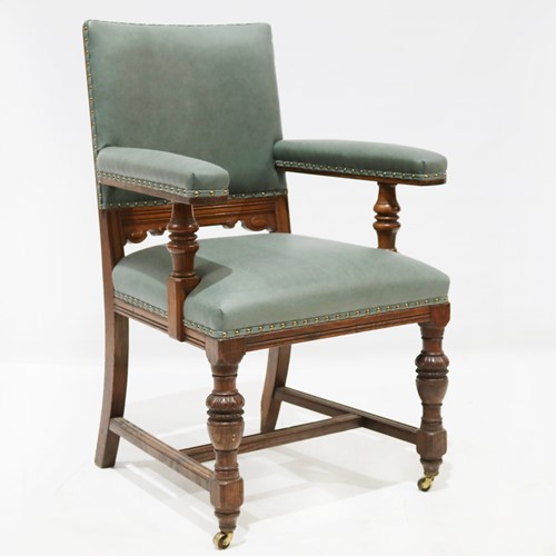 Green Leather Carved Oak Armchair