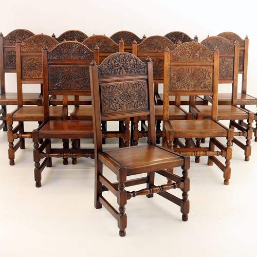 Set Of 12 17Th Century Style Solid Oak Panelled Back Dining Chairs