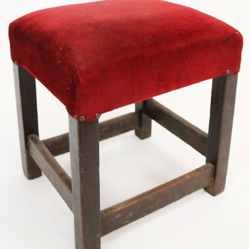Low Oak Bar Stool With Original Upholstery