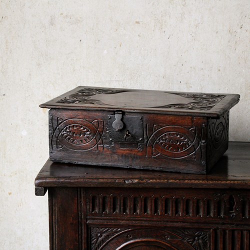 Antique 17Th Century Oak Chest, Finely Carved Decoration, Table Top Casket Box