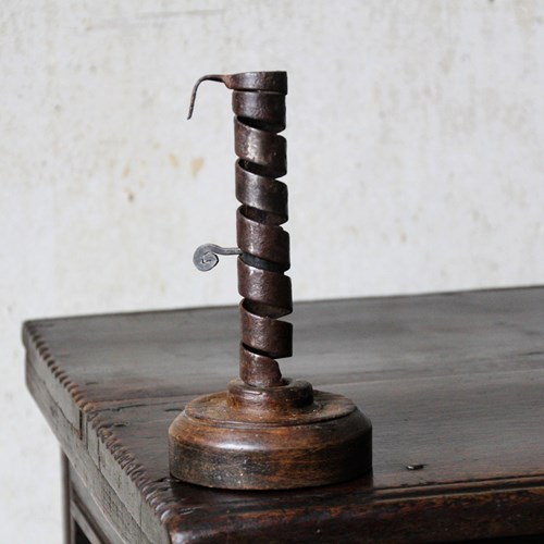 Antique Wrought Iron French Rat De Cave Spiral Candlestick, 18Th Century