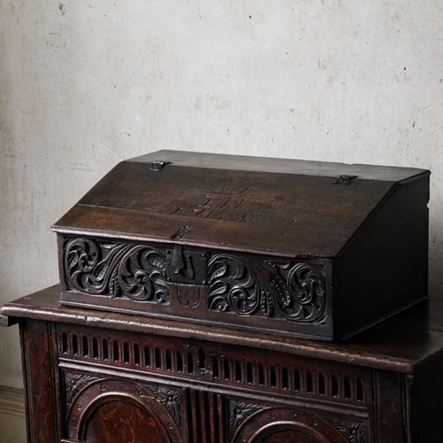 Antique 18Th Century Georgian Carved Oak Bible Box, Desk Box