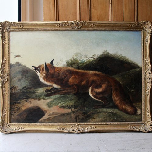 Antique 19Th Century Oil Painting On Canvas, Portrait Of Fox, Naive, Folk Art