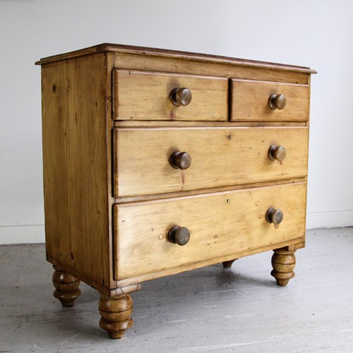 Antique Victorian Small Stripped Pine Chest Of Drawers, Original Turned Feet