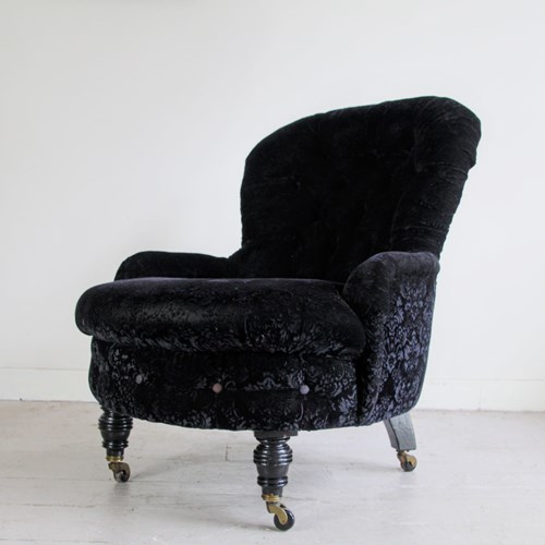 Antique Victorian Black Nursing Chair, Newly Upholstered, Gothic Style