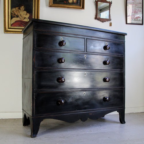 Antique Large Victorian Ebonised Mahogany Chest Of Drawers, Black Painted