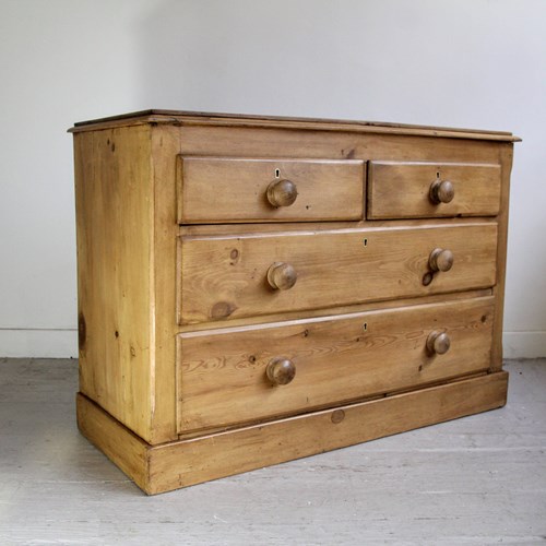 Antique Small Victorian Stripped Pine Chest Of Drawers, Original Plinth Base