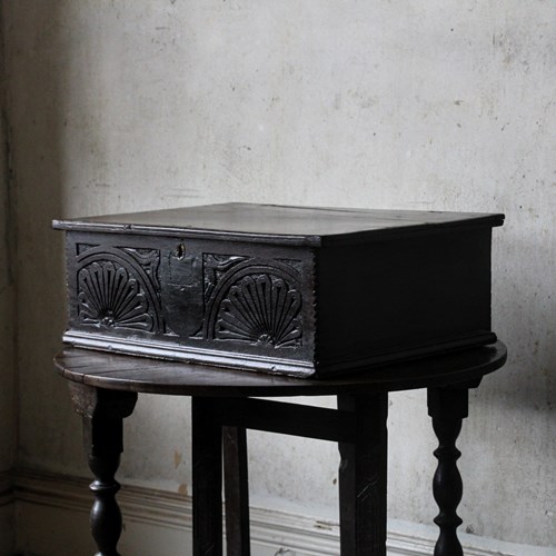 Antique 17Th Century Carved Oak Bible Box, Table Top Desk Box