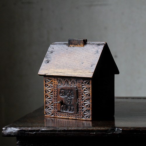 19Th Century Folk Art Chip Carved Money Box, Working Lock, Scratch Built