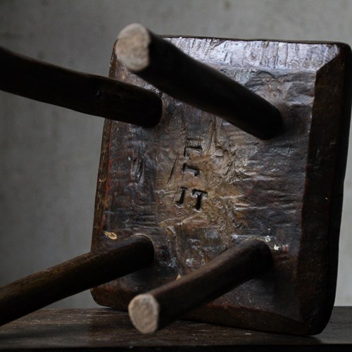 Small 18Th Century Primitive Elm Hearth Stool, Carved With Initials