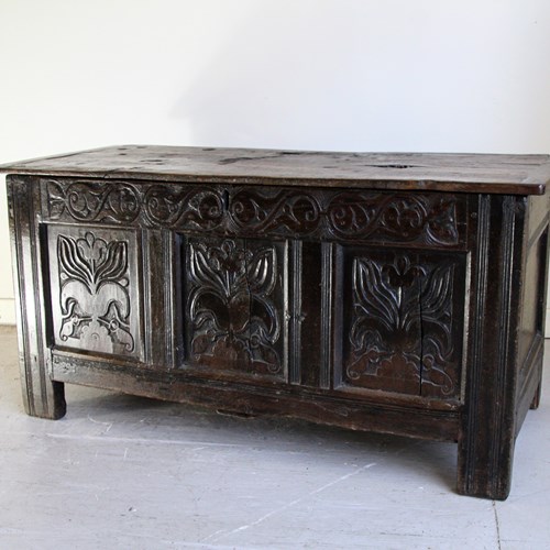 Antique Early 18Th Century, Large Oak Panelled Coffer, Carved Panel Chest 