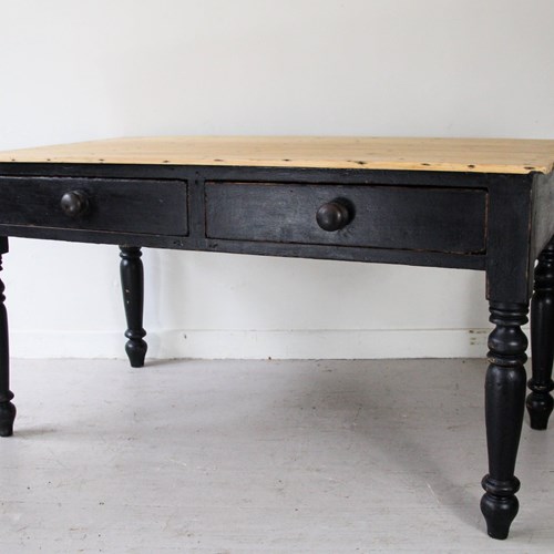 Antique Victorian Ebonised Kitchen Table, Stripped Pine Scrub Top