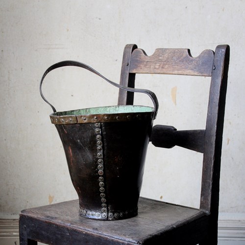 Antique Victorian Riveted Leather Bucket, Fire Bucket, Log Bin