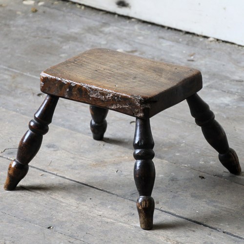 Antique 19Th Century Small Stool, Candle Stool, Turned Legs 