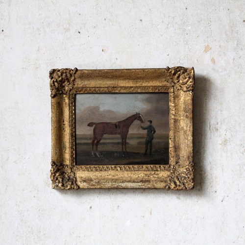 Antique Naive Oil Painting Of A Horse And Jockey, English Folk Art