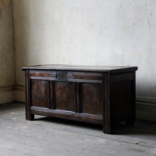 Antique Oak Three Panelled Coffer, Early 18Th Century, Flat Top