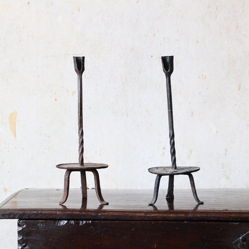 Antique Pair Early 19Th Century Wrought Iron Tripod Candlesticks, Taper Sticks