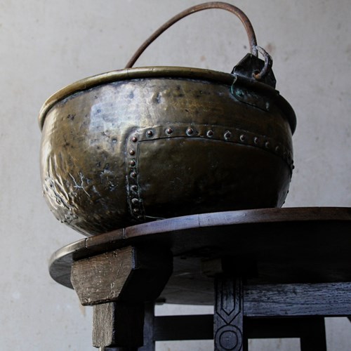 Antique Victorian Brass Cauldron, Log Bin, Riveted Repairs, Make Do And Mend