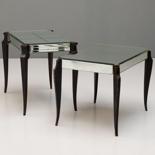 Near Pair Of Art Deco Style Mirrored Side Tables With Ebonised Legs