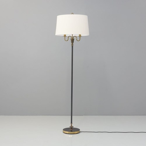Mid Century French Floor Lamp, Blackened Steel With Brass Dtail