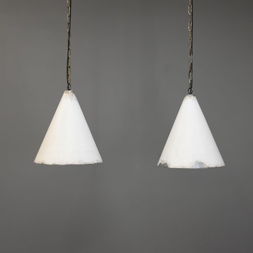 Pair Of Conical White Pendant Lights