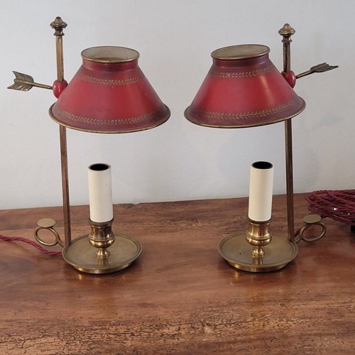 Delightful Pair Of Petite Tole And Brass Bouillotte Lamps