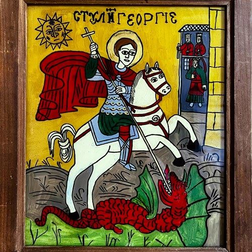 Vintage Verre Eglomise Naive Folk Art Framed Glass Painting St. George & Dragon