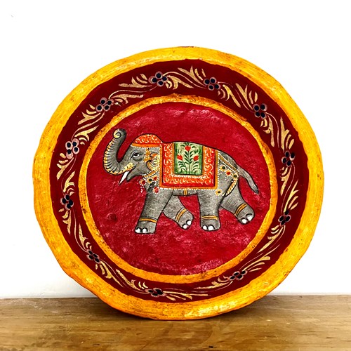 Vintage Indian Folk Art Papier Mache Large Dish Painted With Ceremonial Elephant