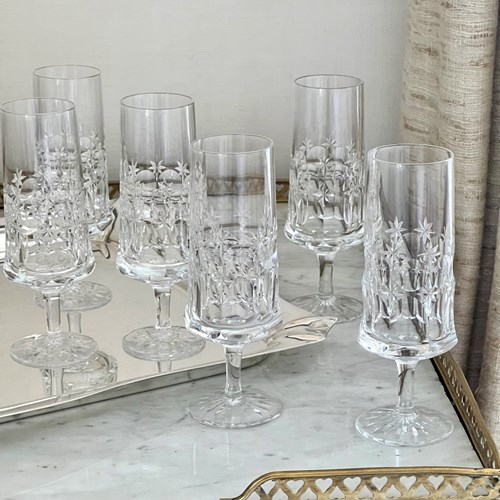 6 Fine Quality Star Cut Crystal Champagne Flutes 1960S