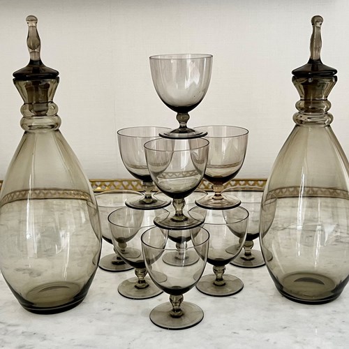 Pair Scandinavian Smoked Decanters & 10 Glasses Suite