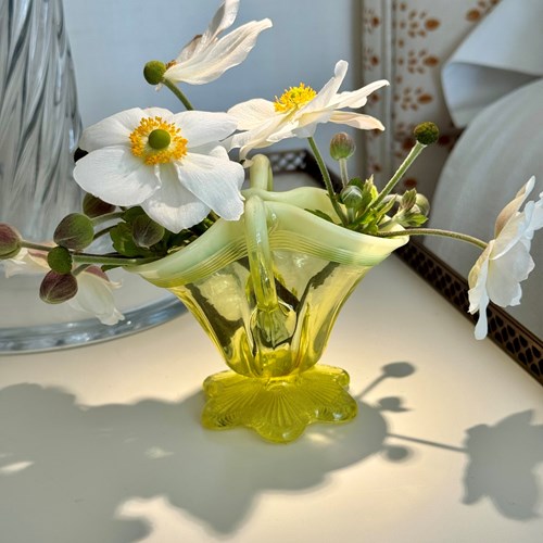 Pretty Primrose Yellow Uranium Basket Vase Circa 1891