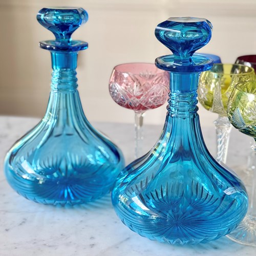 Rare Pair Of Cobalt Blue Victorian Ships Decanters C1840