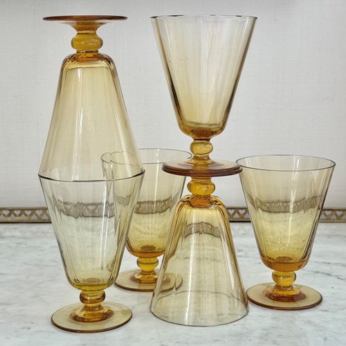 6 Art Deco Style Yellow Amber Wine Goblets C1950