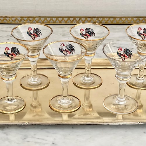Set Of Art Deco Enamel Cockerel Cocktail Glasses