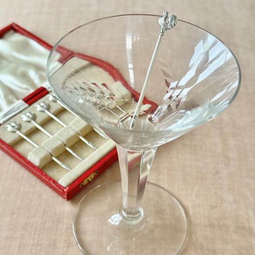 Art Deco Silver Cockerel Cocktail Sticks Set Hallmark 1934