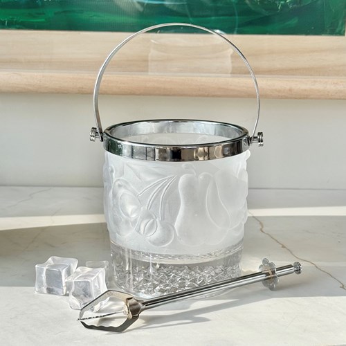French Glass Ice Bucket & Grabber Tongs 1950S