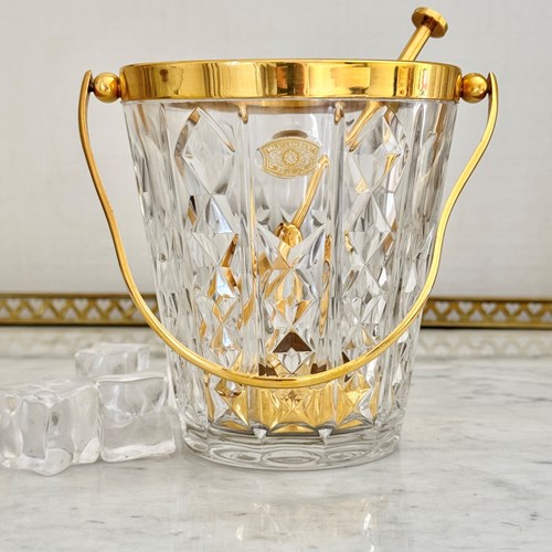 Val Saint Lambert Crystal & Gold Plated Ice Bucket & Ice Grab Tongs