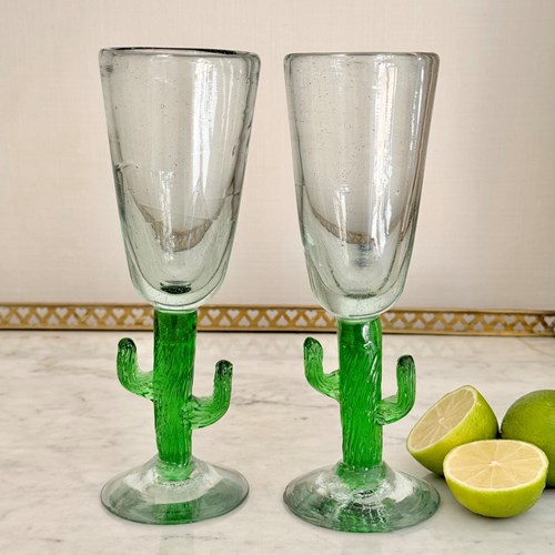 Pair Brutalist Mexican Handblown Glass Cactus Flutes