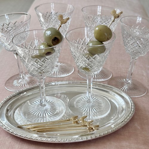 Edwardian crystal glasses, tray & silver gilt cocktail sticks set